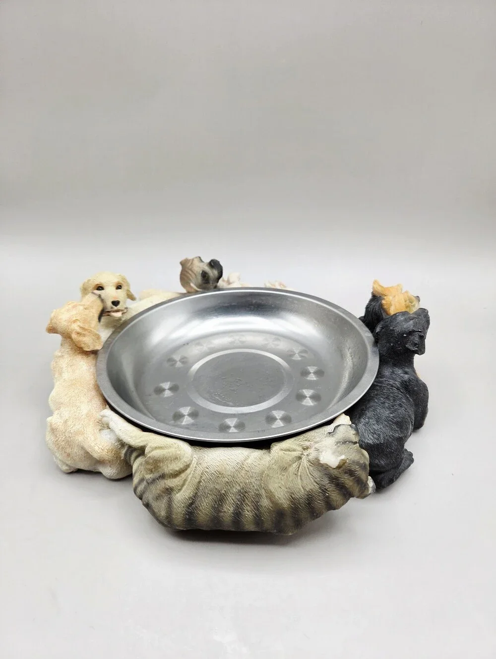 Dog Bowl Holder with 6 Different Dogs & Stainless Steel Dish in Center
